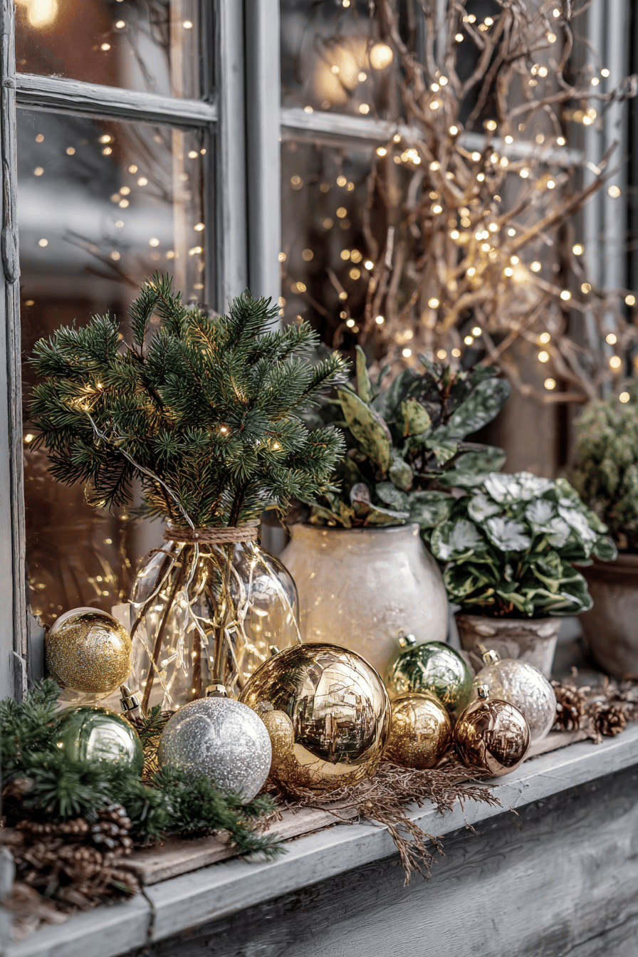 Weihnachtlich dekorierte Blumenkästen mit Tannenzweigen und Christbaumkugeln.