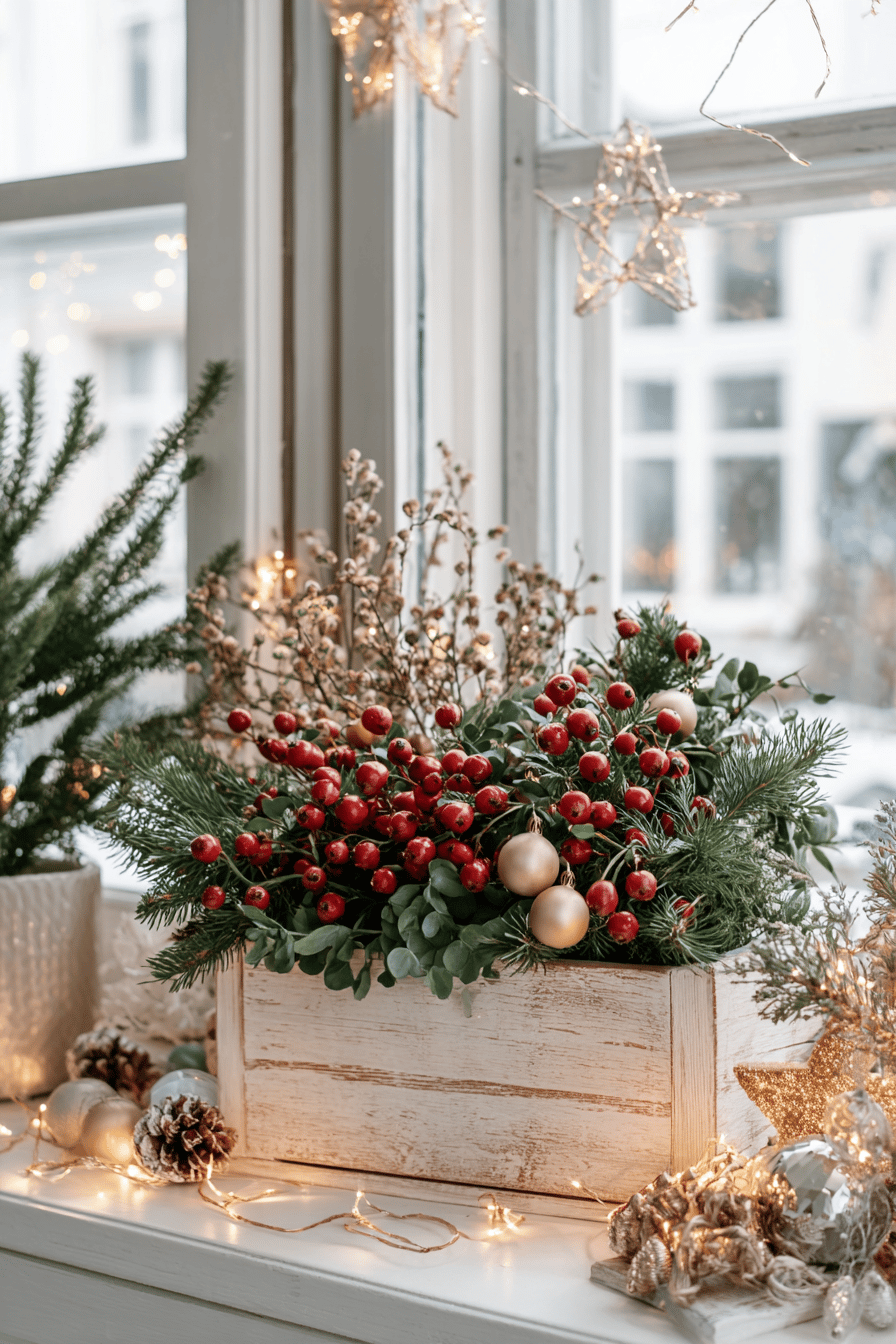 Weihnachtlich dekorierter Blumenkasten mit roten Beeren, Hagebutten, grünen Zweigen und goldenen Kugeln vor einem Fenster.
