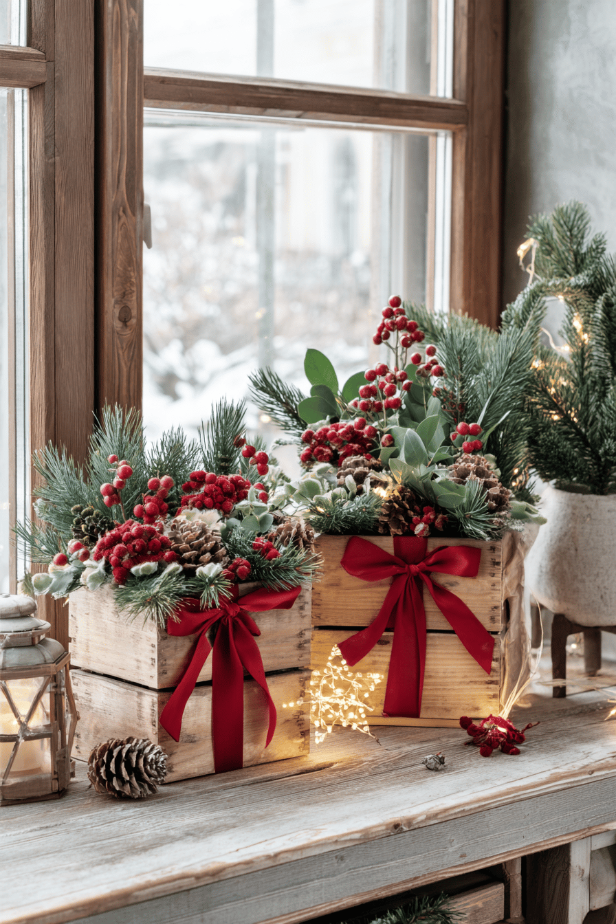 Weihnachtlich dekorierte Blumenkästen mit roten Schleifen und Tannenzweigen.