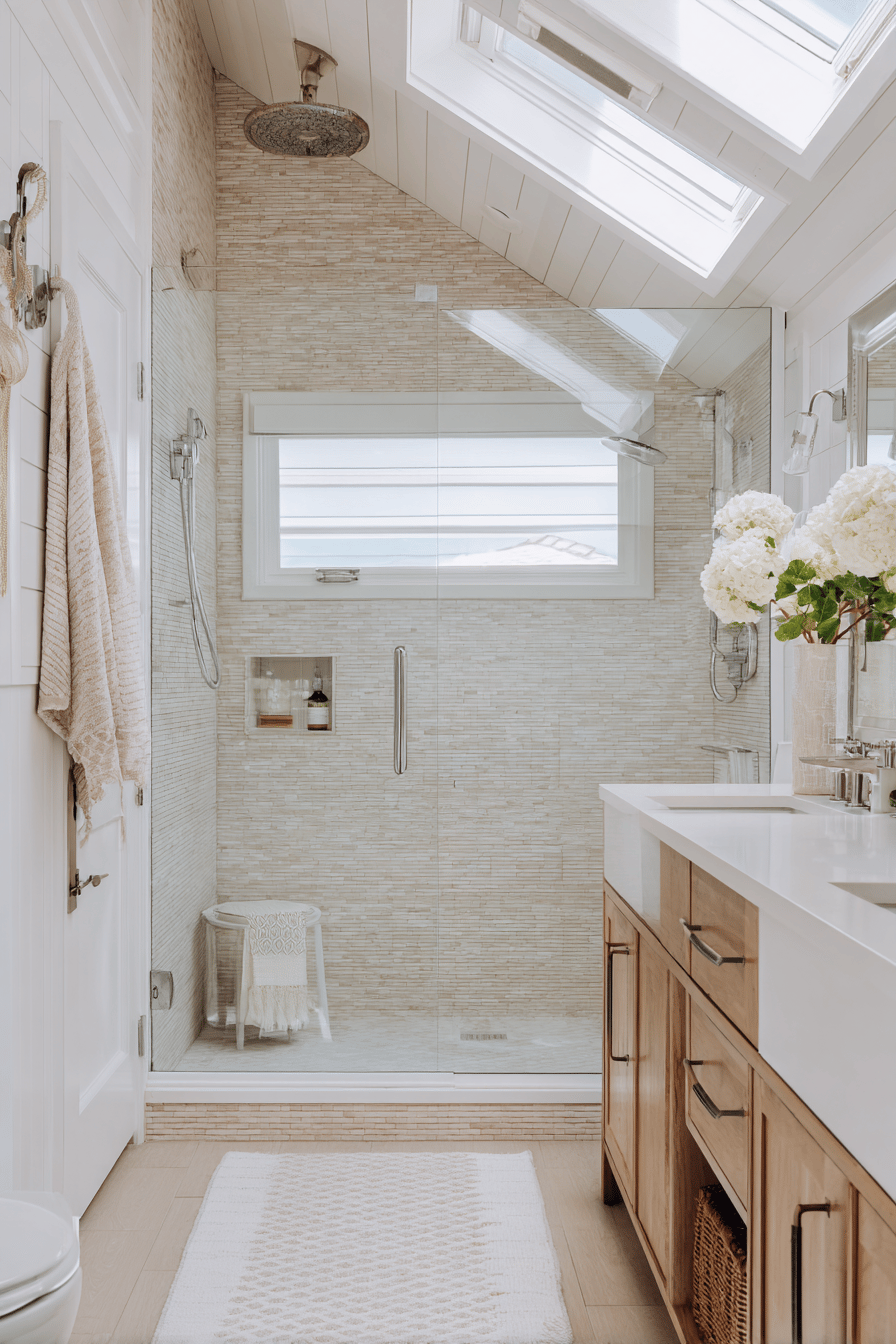Helles Badezimmer mit bodengleicher Dusche und Dachschräge