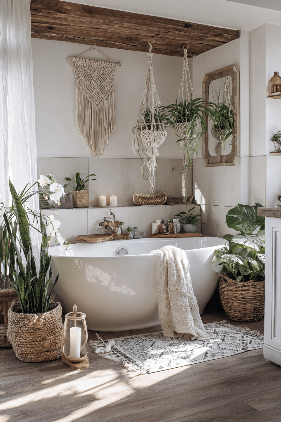 Ein Badezimmer mit Makramee-Deko, Pflanzen und Boho-Elementen rund um eine freistehende Badewanne.