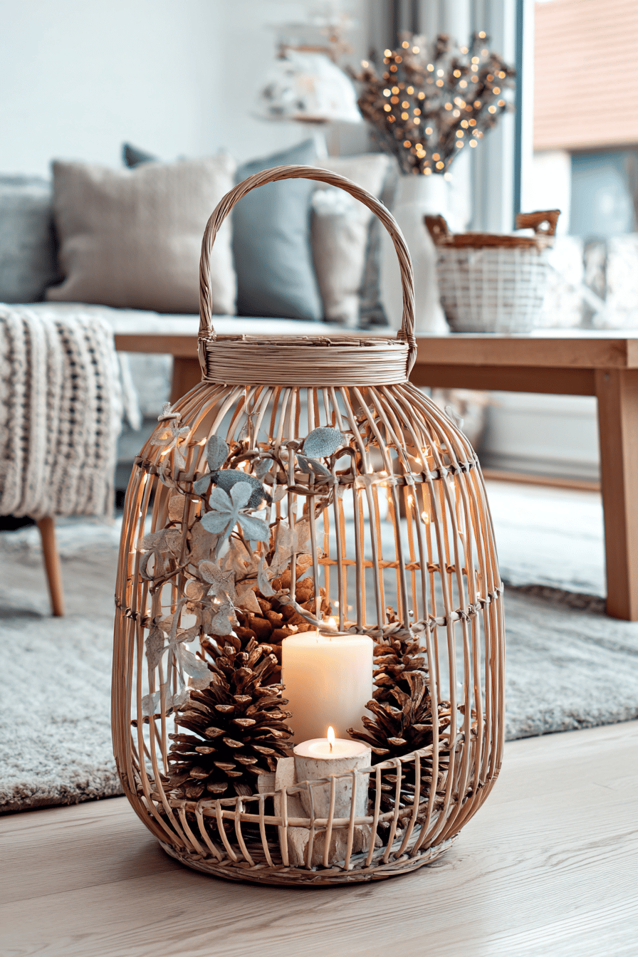 Eine Rattan-Laterne mit Kerzen und Tannenzapfen, dekoriert für Weihnachten, steht auf einem Holzboden in einem wohnlichen Ambiente.