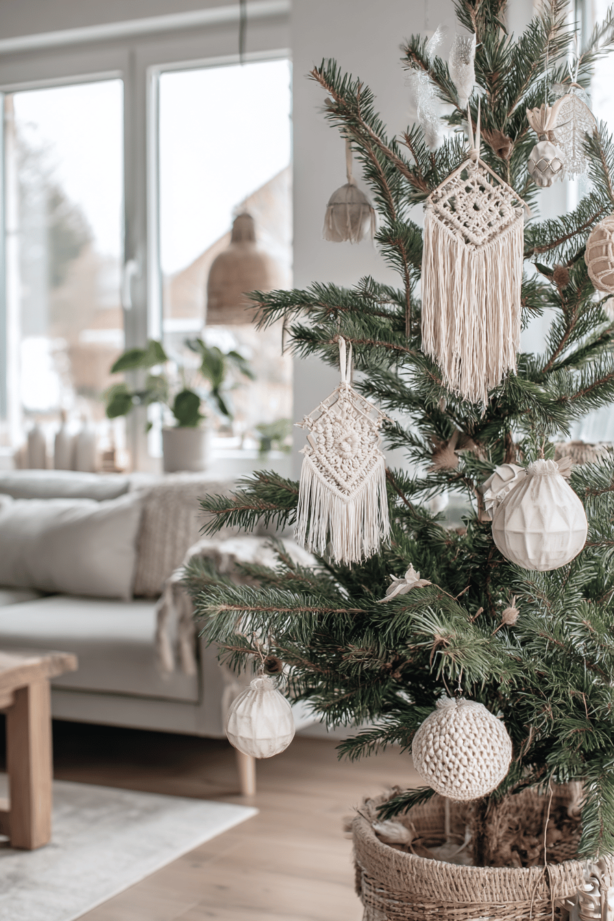 Weihnachtsbaum mit Boho-Schmuck, Makramee und einer gemütlichen Wohnzimmereinrichtung.