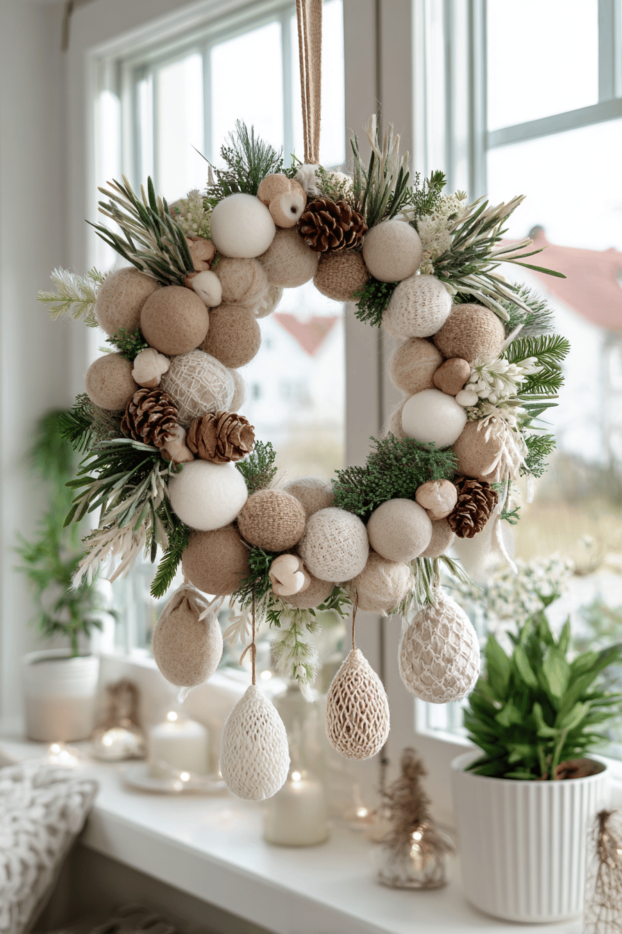 Ein weihnachtlicher Filzkranz mit handgemachten Ornamenten in Naturtönen hängt vor einem Fenster.