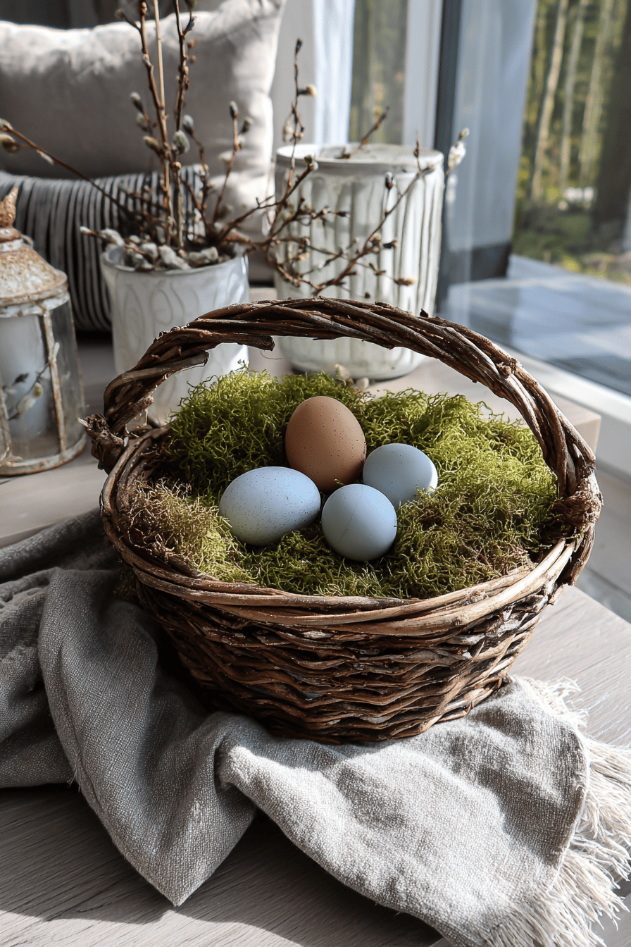 Ein Osterkörbchen, gefüllt mit Moos und verzierten Eiern, auf einem Holztisch.