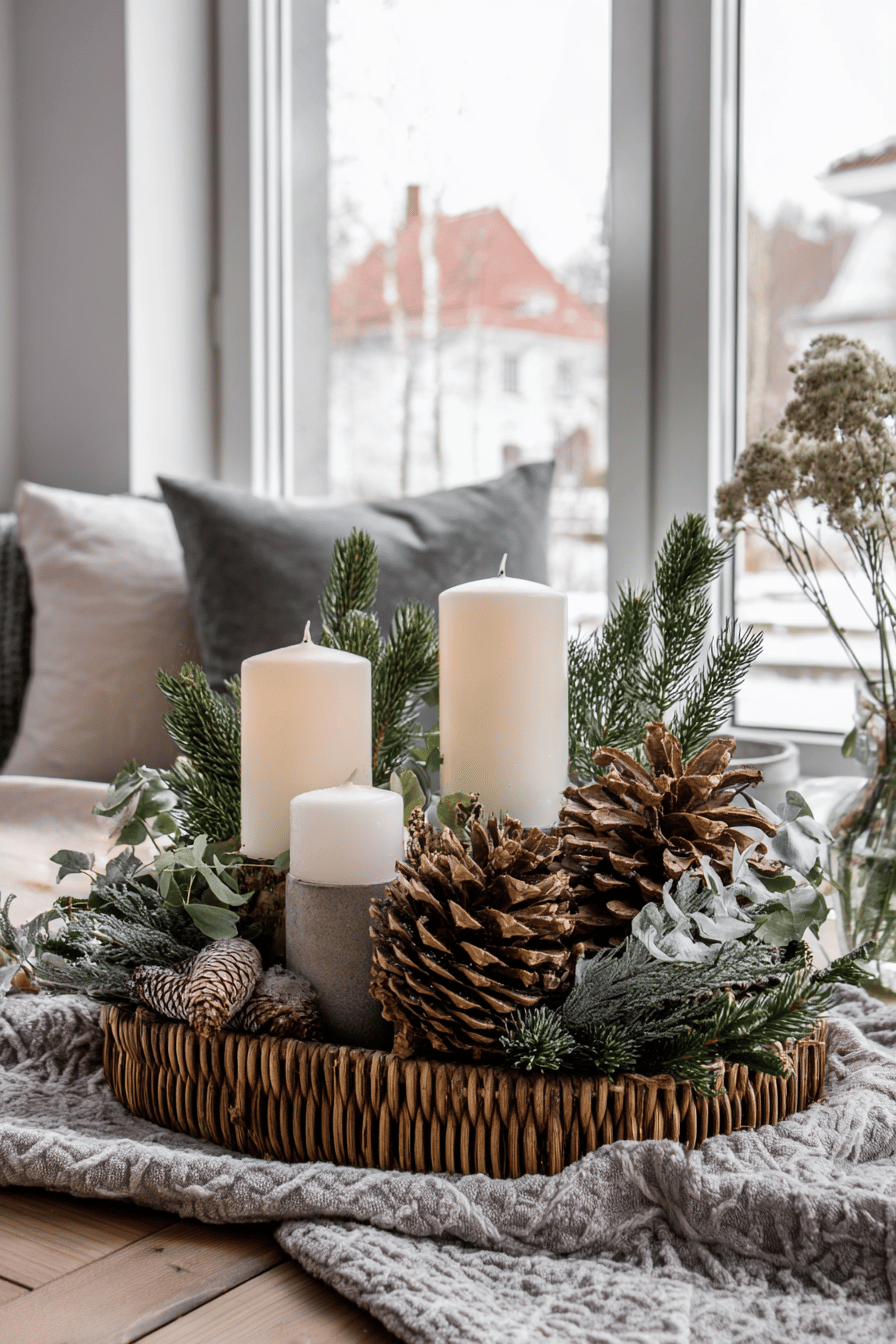 Ein natürlicher Adventskranz mit Kerzen, Tannenzweigen und Zapfen auf einem Tisch.