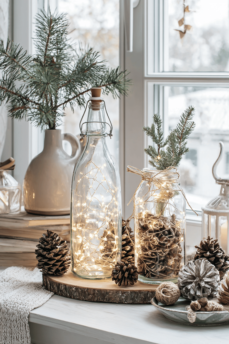 Zwei dekorative Glasflaschen, gefüllt mit Lichterketten und Naturmaterialien, auf einem Fensterbrett.