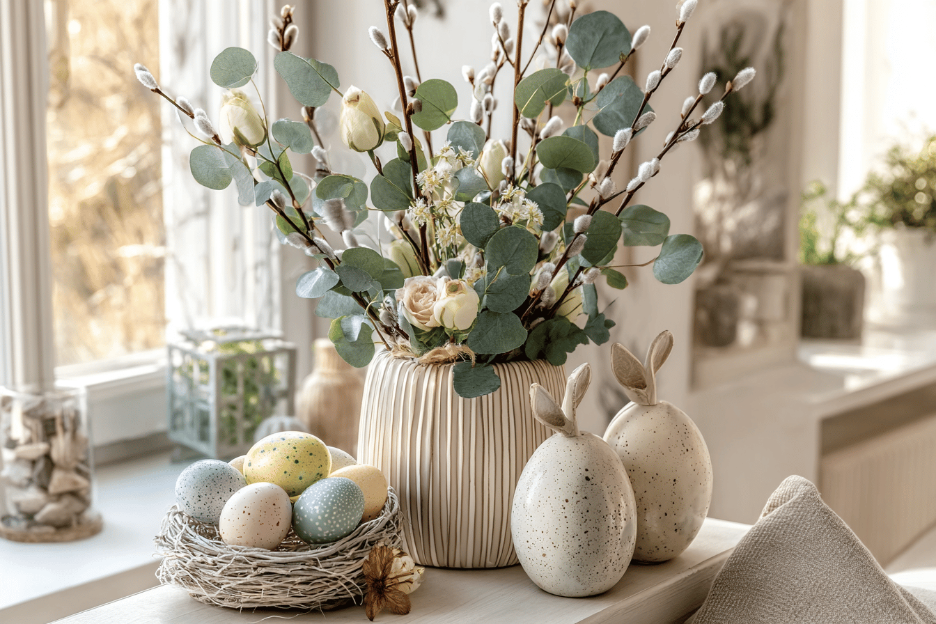 Blumenstrauß in Vase mit Ostereiern und Deko.