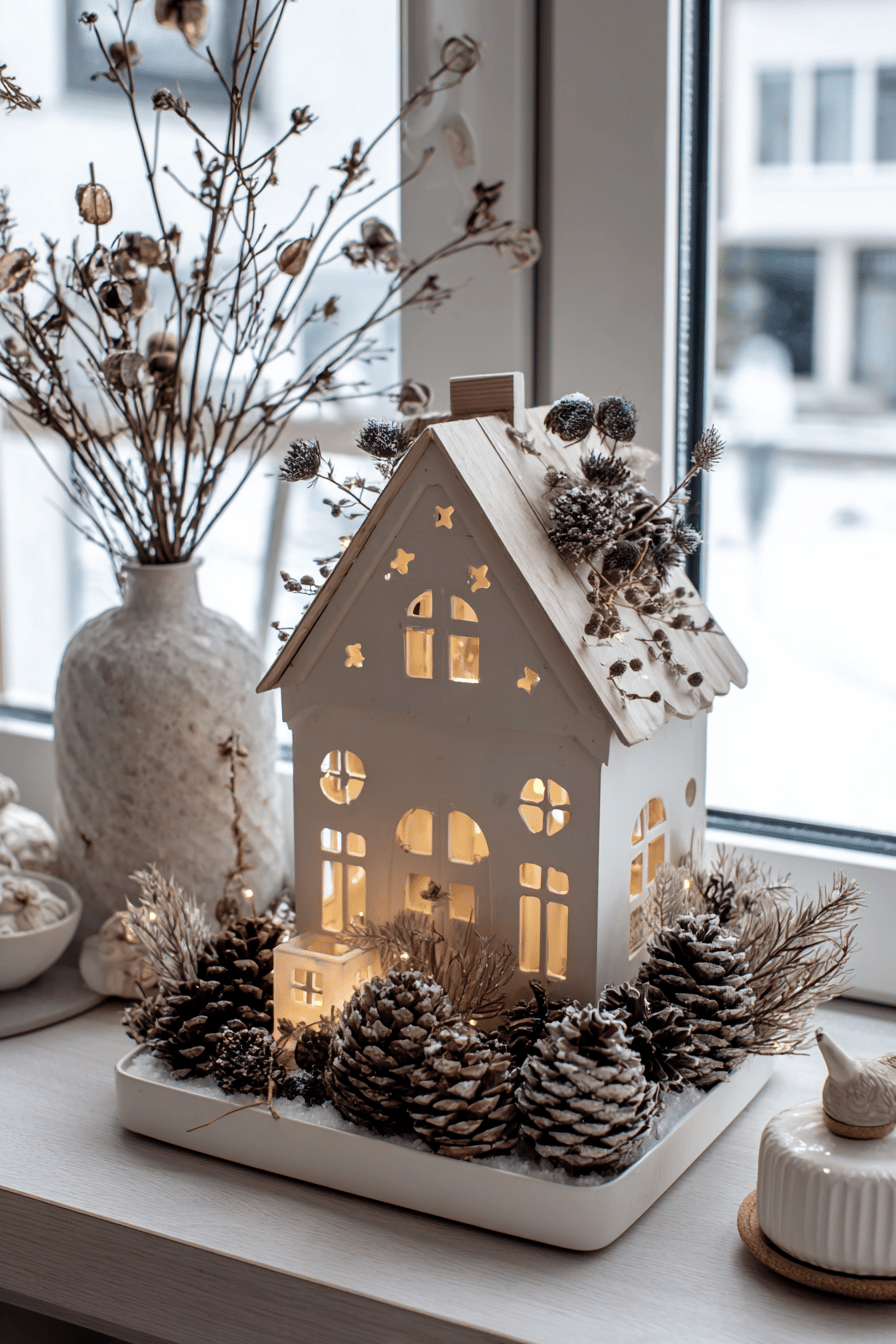 Ein beleuchtetes Dekohaus aus Holz, umgeben von Tannenzapfen, das auf einer Fensterbank steht.