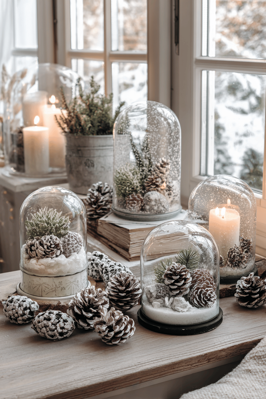 Verschneite Glaskuppeln mit Zapfen und Kerzen auf einem Tisch.
