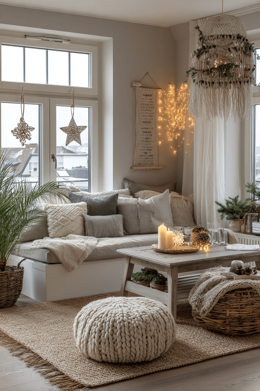Gemütliche Wohnzimmerecke mit winterlicher Deko, Kerzenlicht und Naturmaterialien.