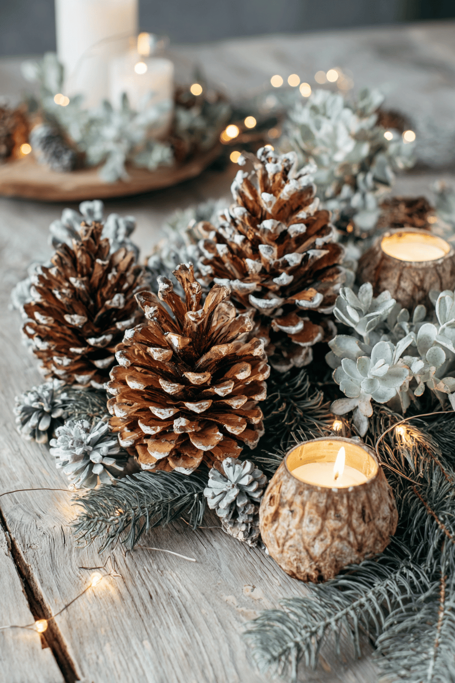 Winterliche Tischdekoration mit Tannenzapfen, Kerzen und Tannenzweigen.