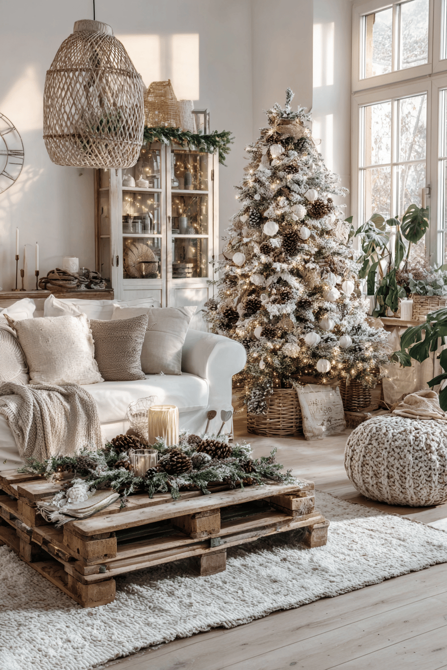 Gemütlich dekoriertes Wohnzimmer mit Schnee bedecktem Weihnachtsbaum und rustikalen Elementen.