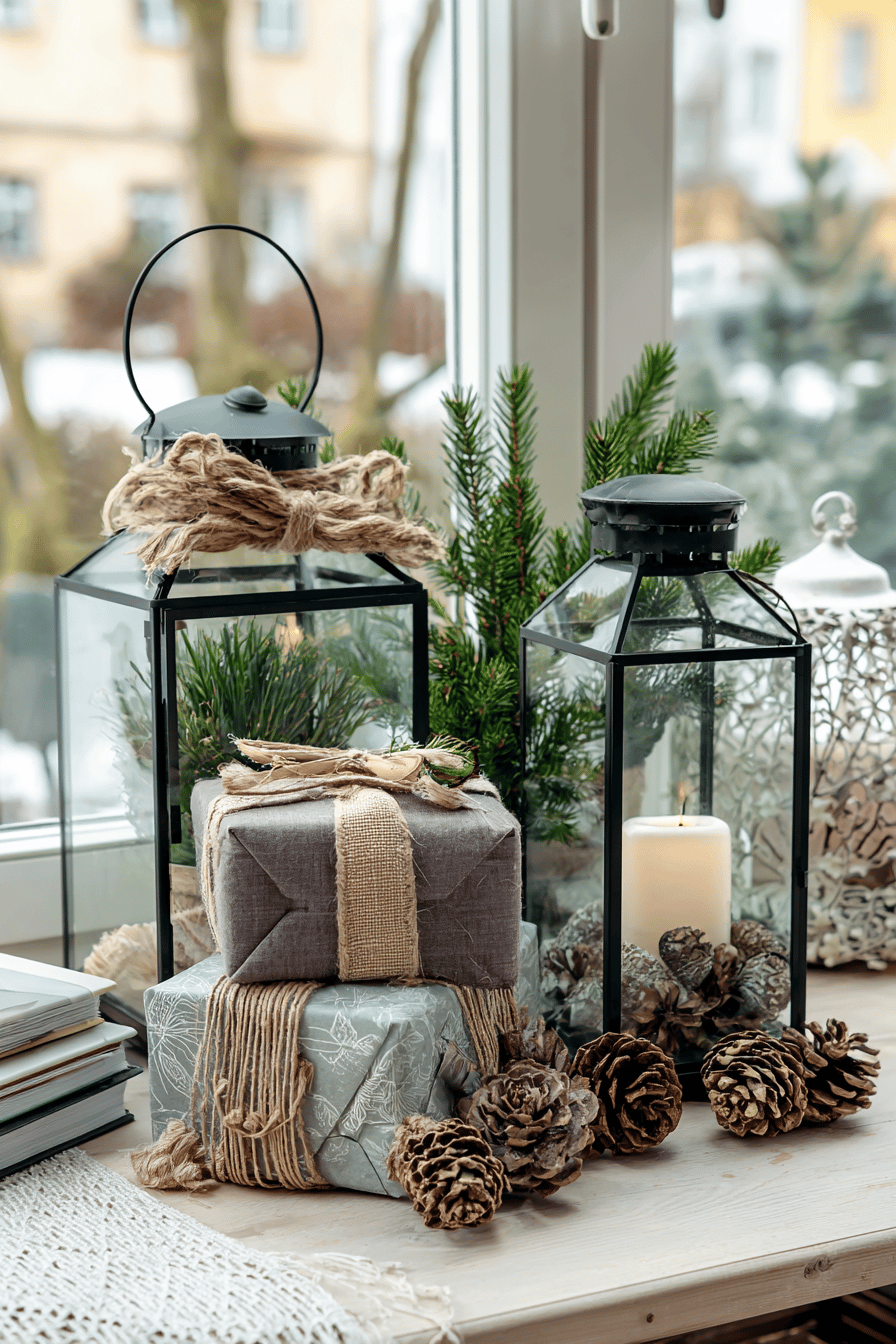 Windlichter mit Tannenzweigen und Geschenken, dekoriert mit Naturmaterialien auf einer Fensterbank.