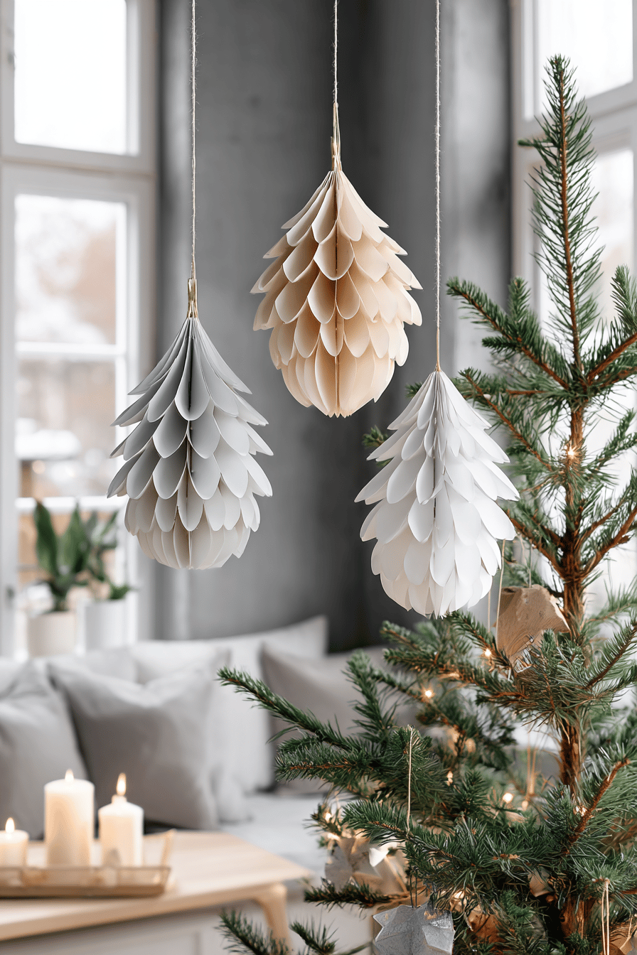 DIY-Weihnachtskugeln aus Papierstreifen, die an einem Weihnachtsbaum hängen.