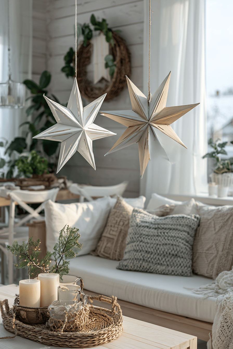 DIY Weihnachtssterne aus Holz und Papier als hängende Dekoration in einem gemütlichen Wohnzimmer.