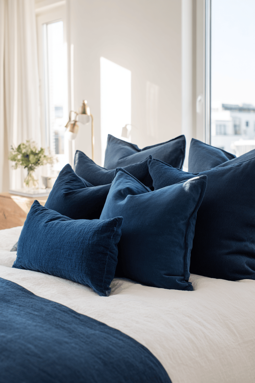Ein Bett mit mehreren dunkelblauen Dekokissen vor einem hellen Fenster