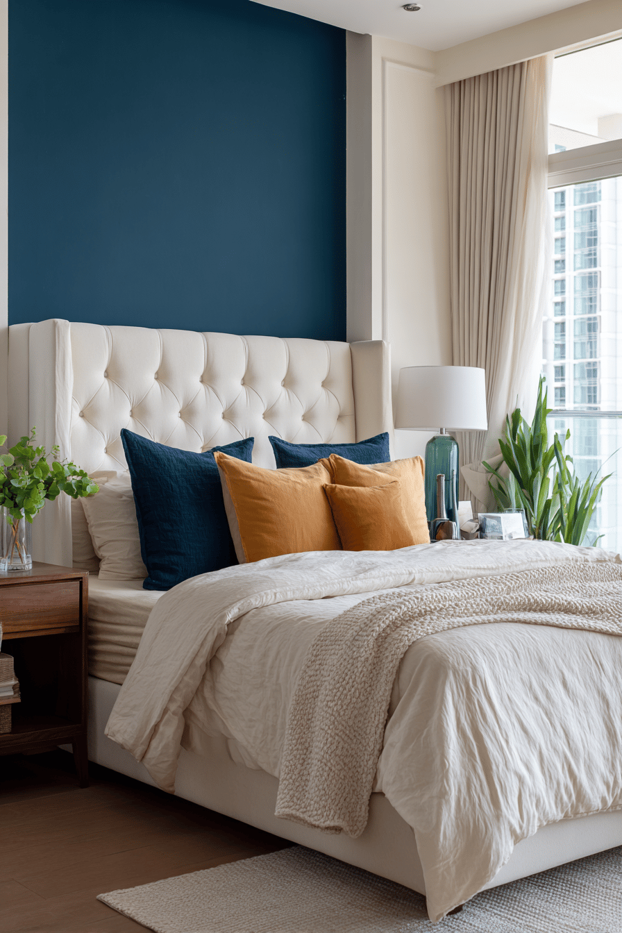 Elegantes Schlafzimmer mit dunkelblauer Akzentwand und gepolstertem Kopfteil