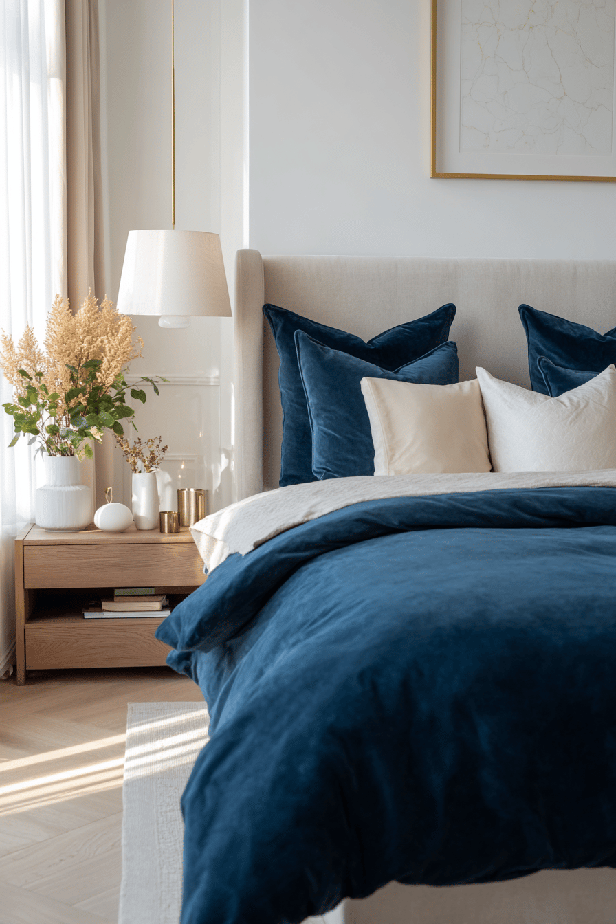 Stilvoll eingerichtetes Schlafzimmer mit dunkelblauer Bettwäsche und beigem Bettkopf