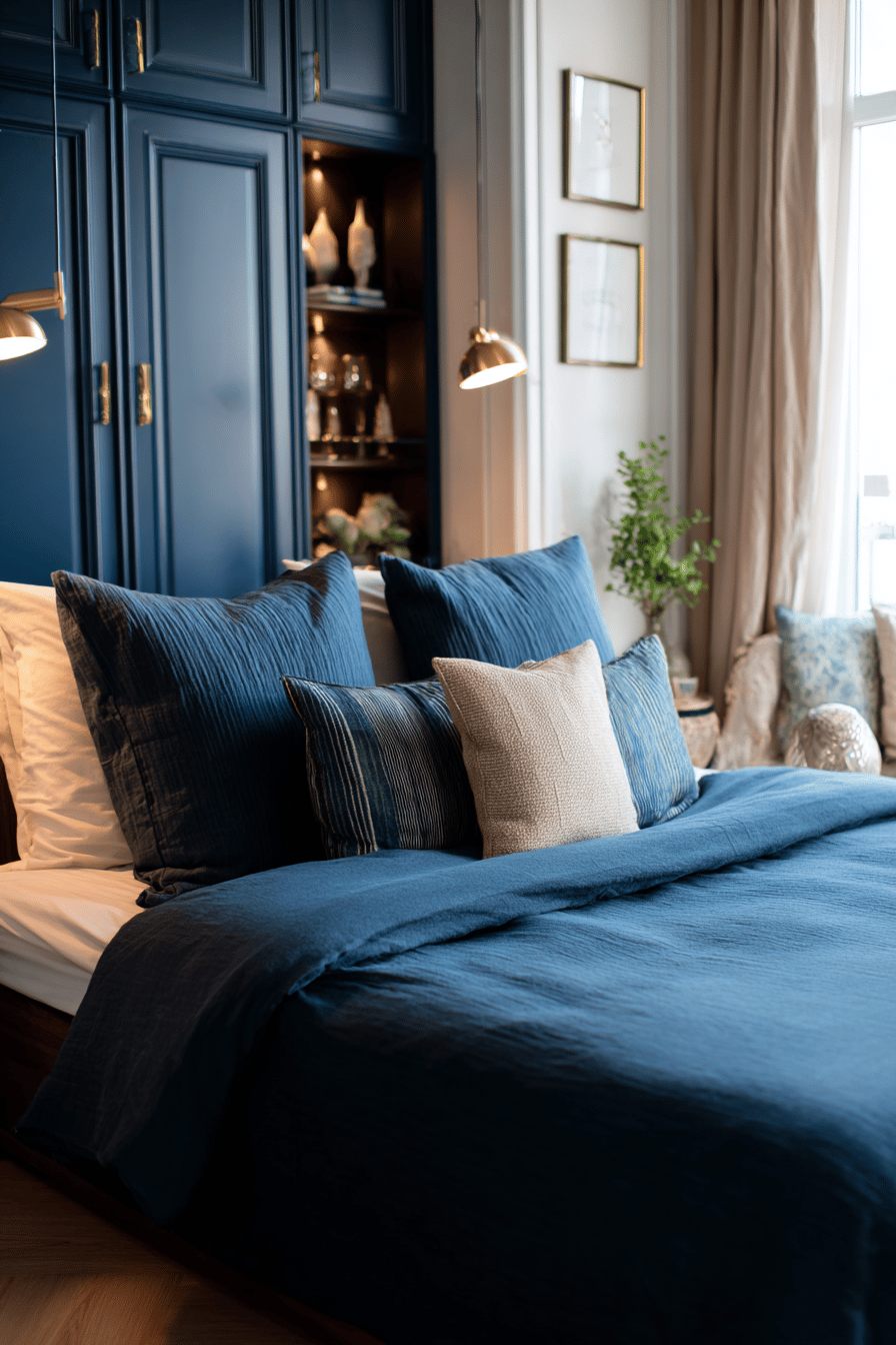 Schlafzimmer mit dunkelblauem Schrank und passender Bettwäsche
