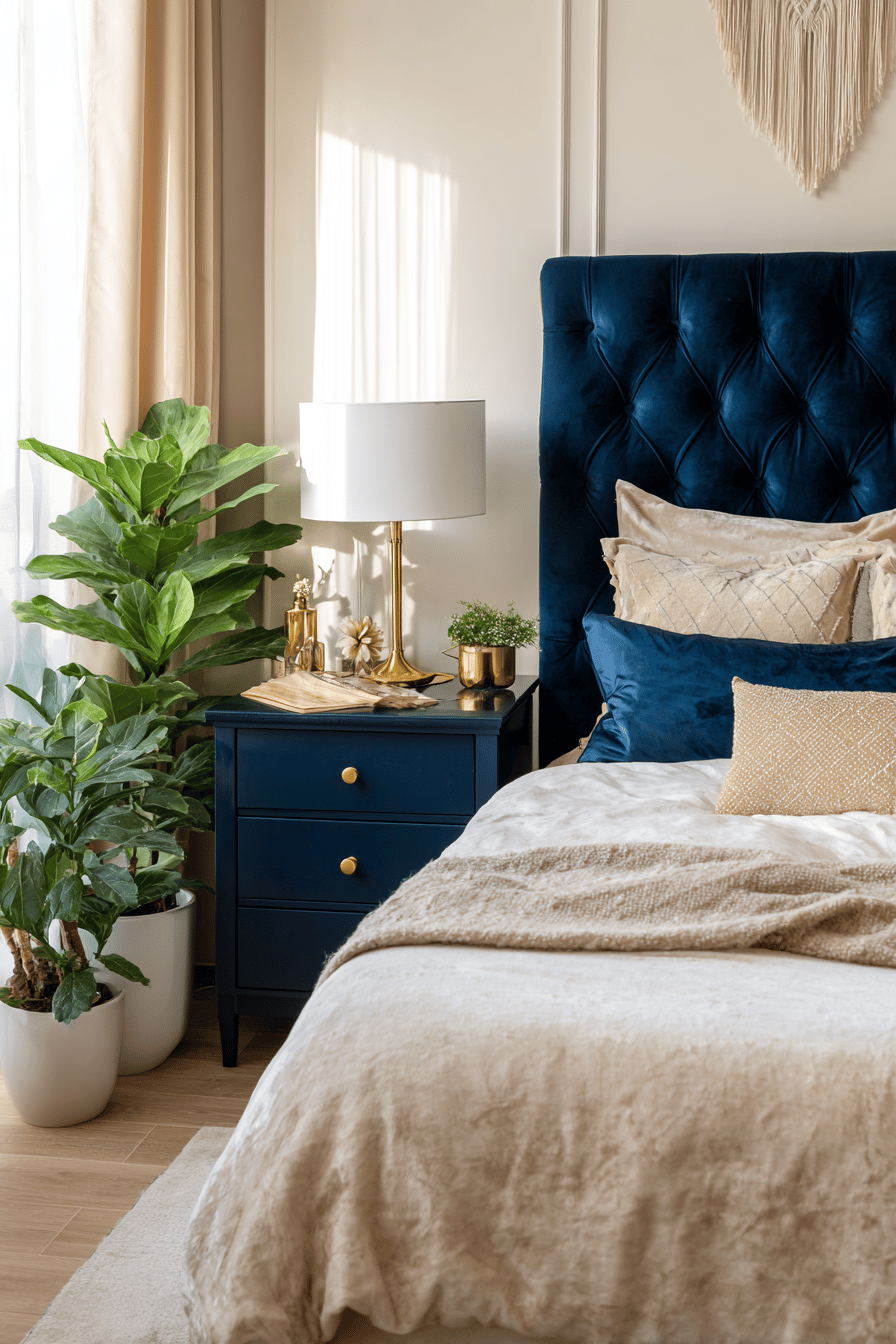 Dunkelblauer Nachttisch mit goldenen Details neben Bett und Pflanzen
