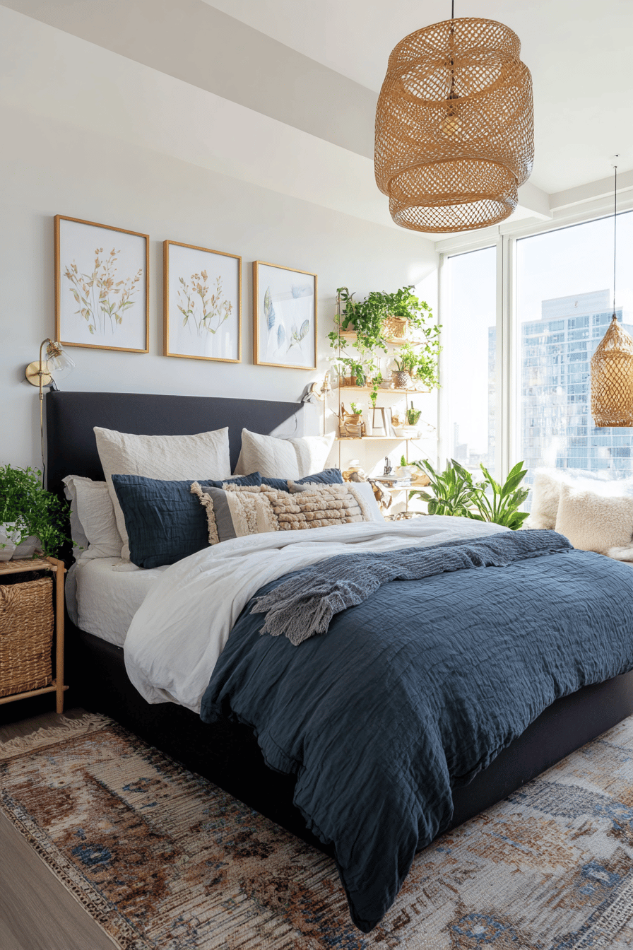 Gemütliches Schlafzimmer mit dunkelblauer Bettwäsche, Naturmaterialien und viel Grün
