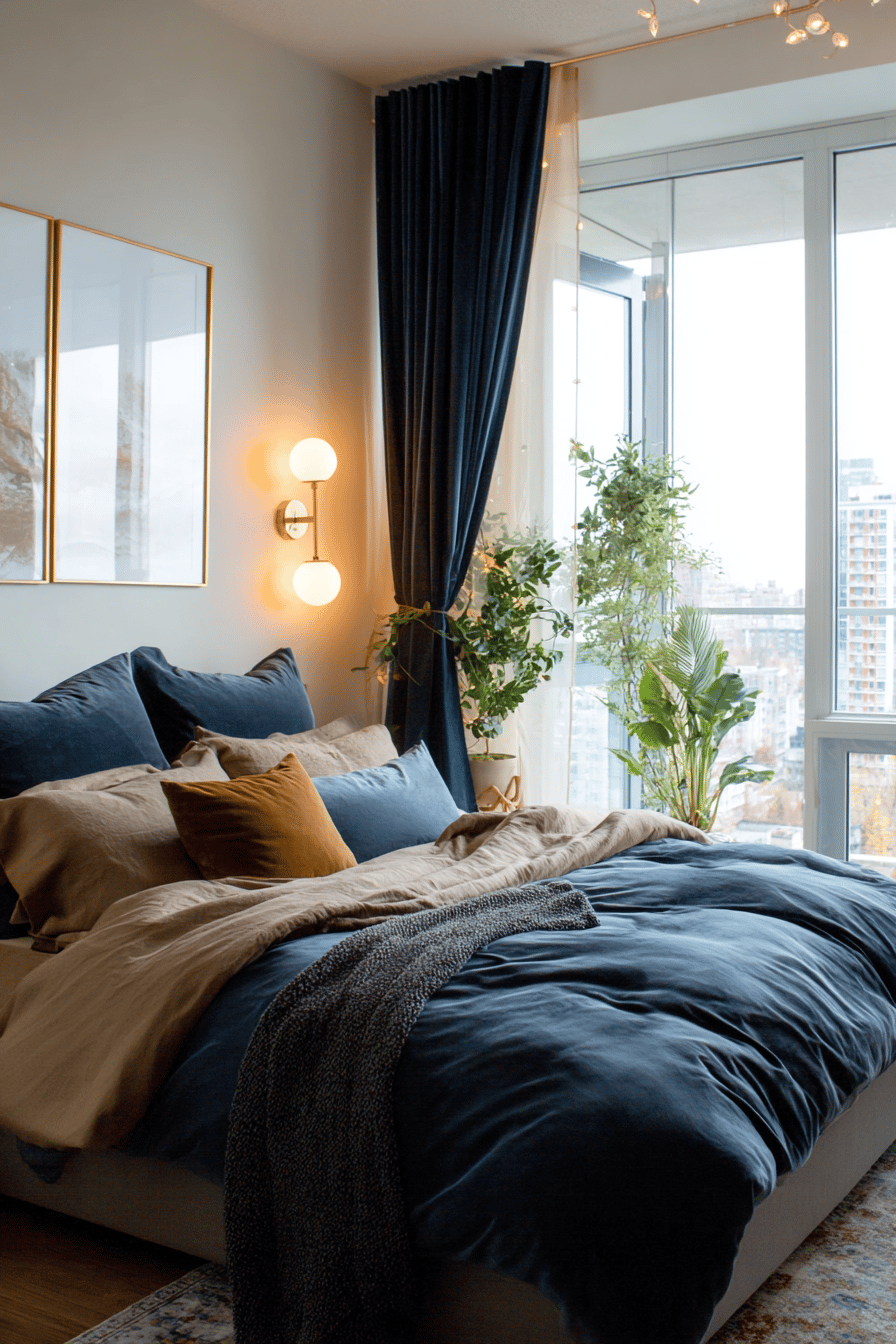 Schlafzimmer mit dunkelblauen Vorhängen und stilvoller Bettwäsche