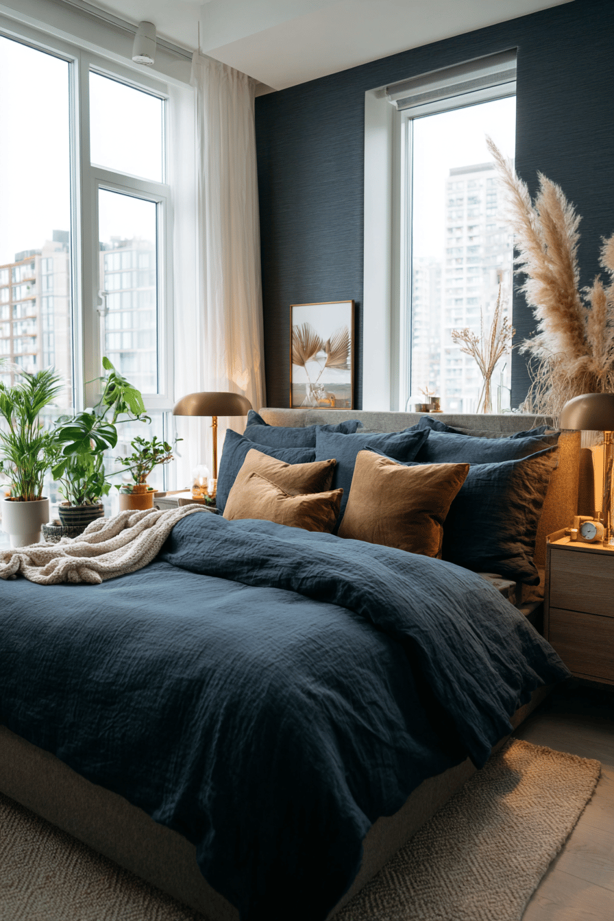 Modernes Schlafzimmer mit dunkelblauer Wand und gemütlicher Bettwäsche