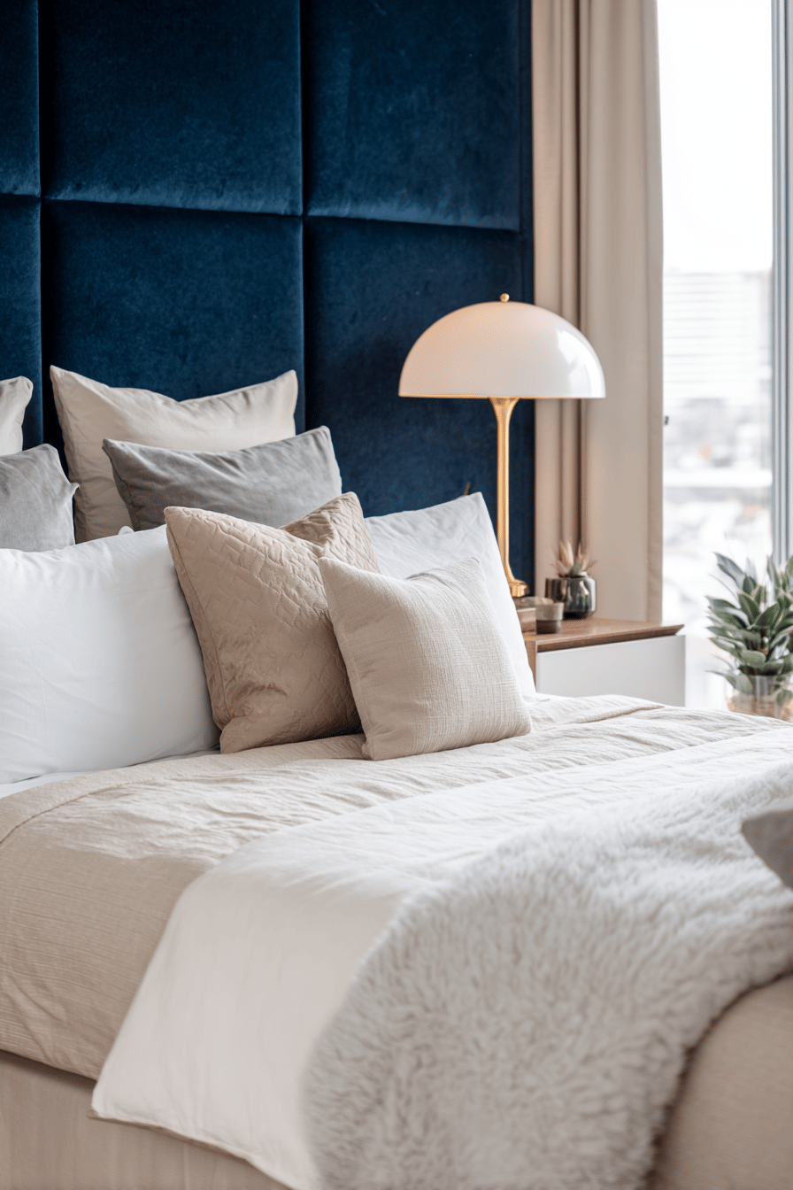 Beiges Bett vor großen, dunkelblauen Wandpaneelen