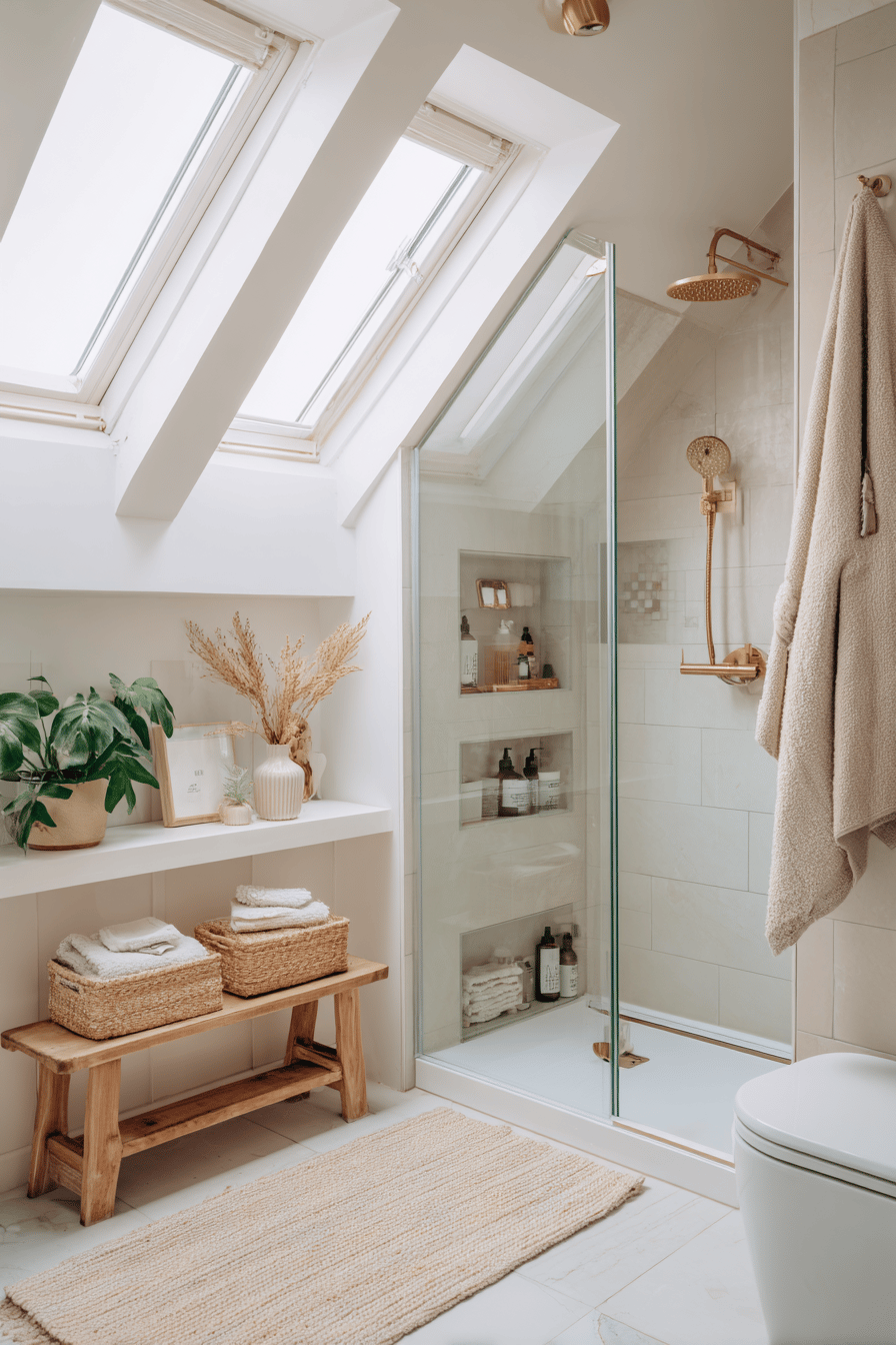 modernes Bad mit Eckdusche unter der Dachschräge und Holzdeko