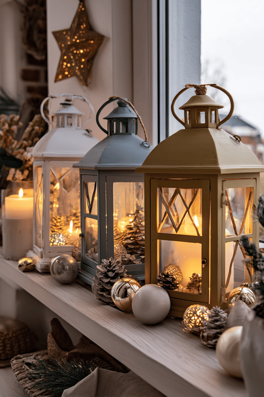 Drei weihnachtliche Laternen in verschiedenen Farben auf einem Fensterbrett, geschmückt mit Zapfen und Kugeln.