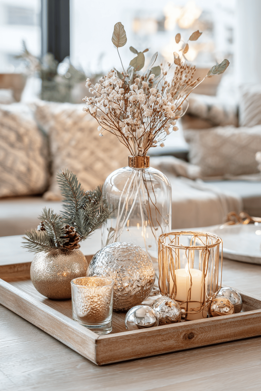 Ein dekorativer Weihnachtstisch mit Metallic-Akzenten in Gold und Silber.