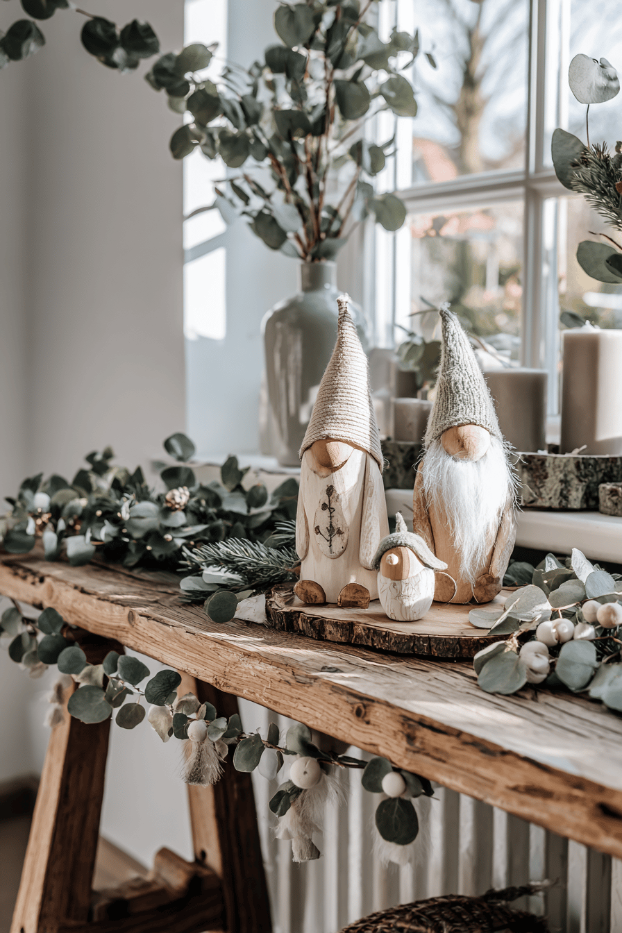 Holzfiguren und Eukalyptus-Deko auf einem rustikalen Tisch vor einem Fenster.