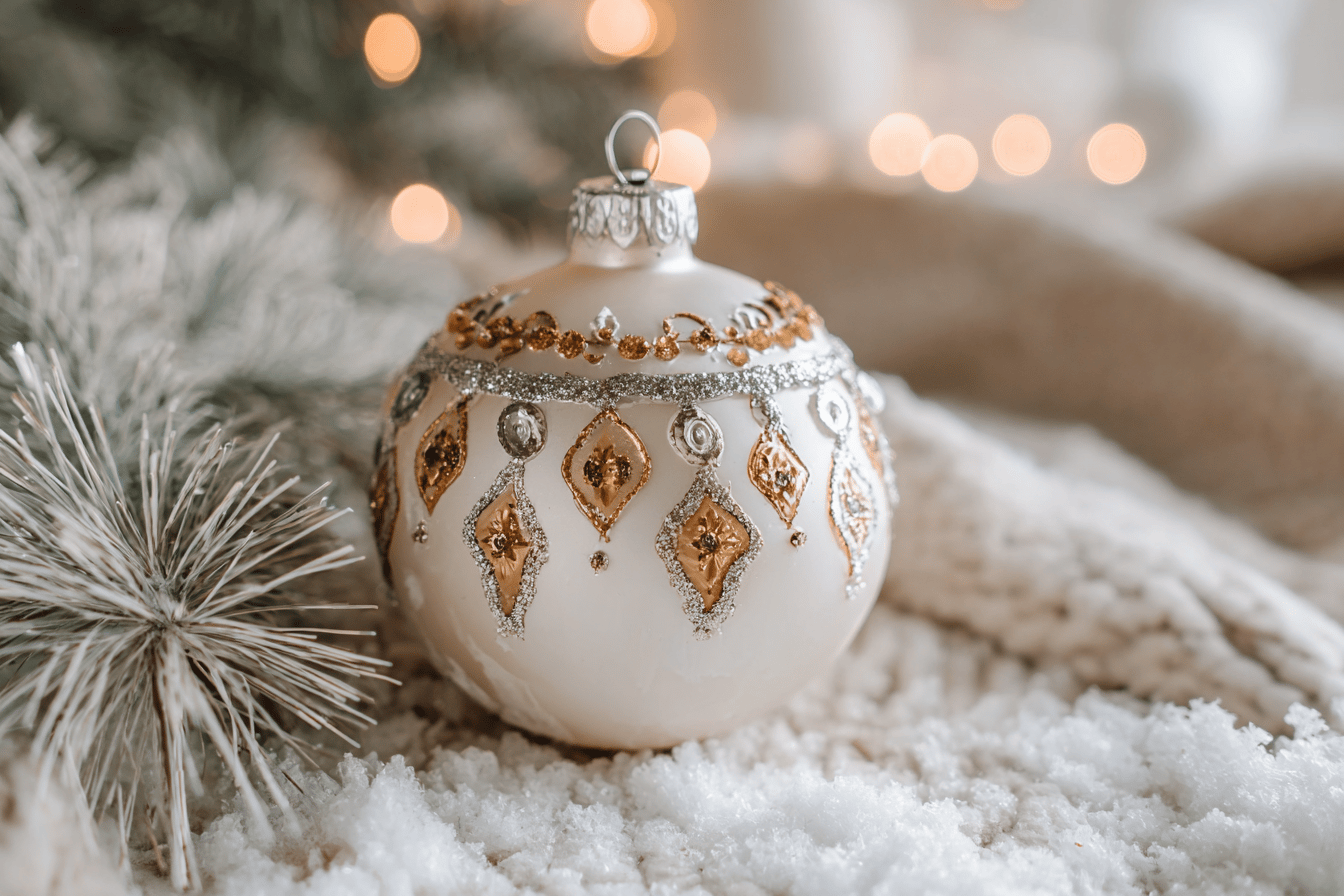 Weihnachtsbaumkugel mit goldener Verzierung auf Schnee
