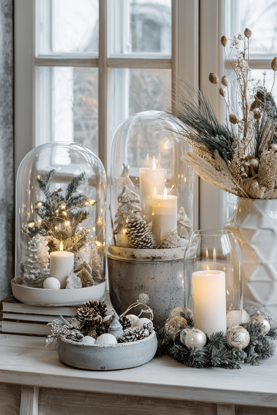 Elegante Weihnachtsdekoration auf einem Tisch mit Kerzen, Glasglocken und Naturmaterialien.