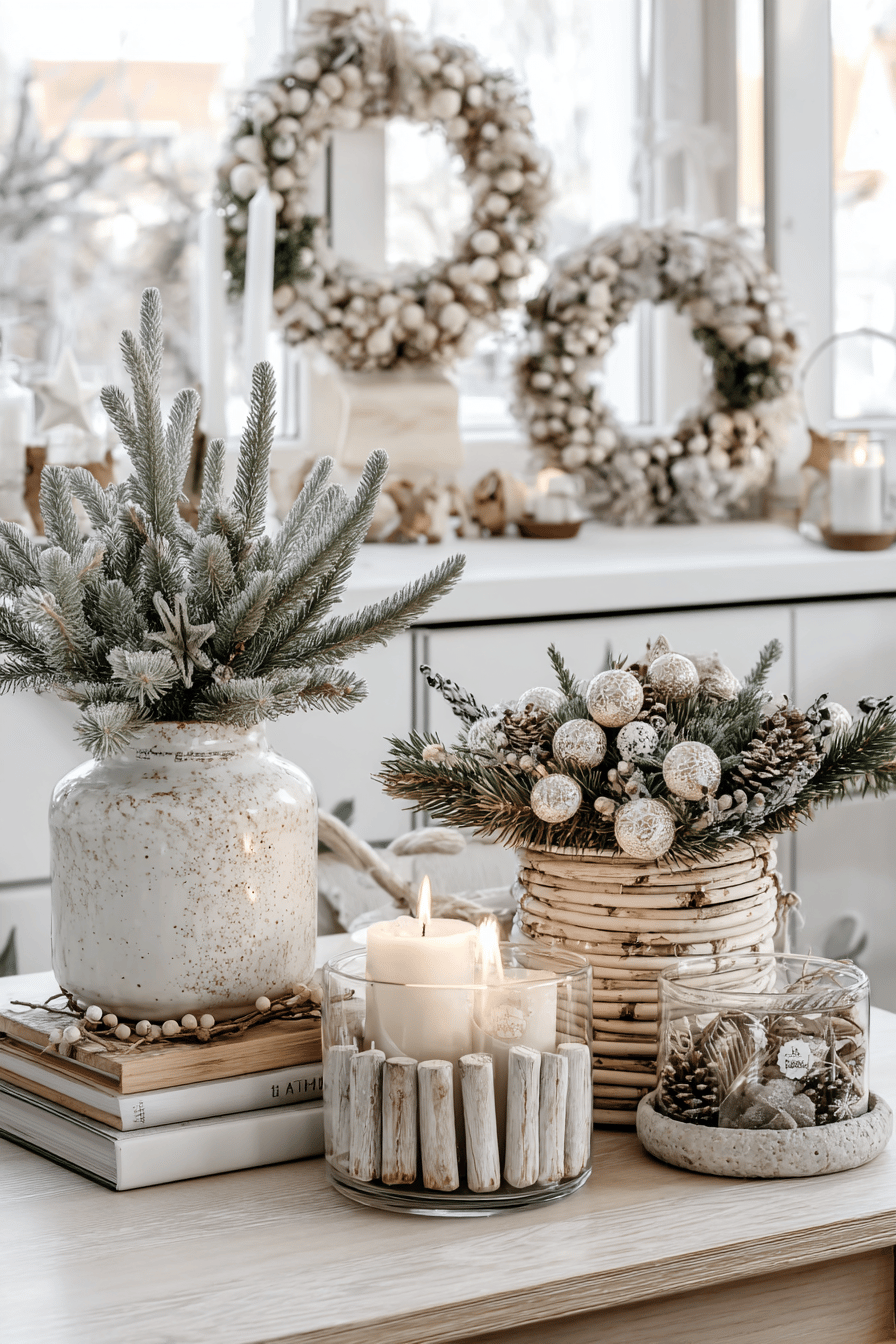 Elegante Weihnachtsdekoration mit Naturmaterialien in neutralen Tönen und Kerzenlicht.