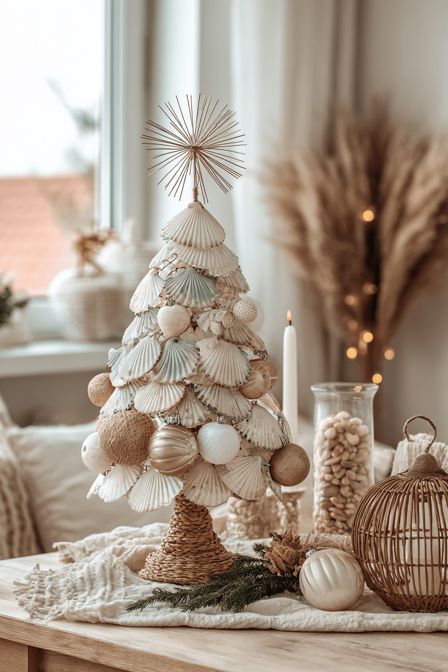 Schöner Weihnachtsbaum mit Capiz-Muscheln und eleganten Verzierungen.