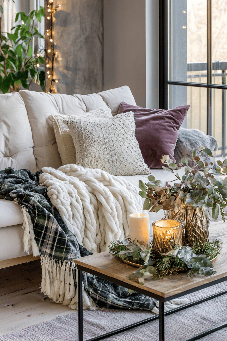 Ein gemütliches Zimmer mit weicher Dekoration in edlen Weihnachtsfarben.