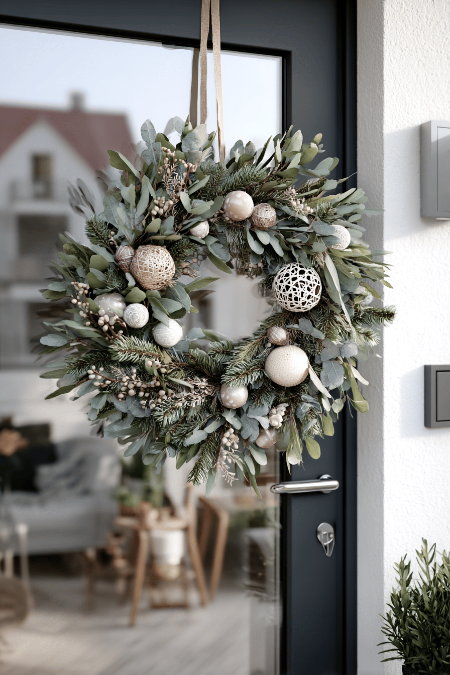 Ein eleganter Türkranz aus immergrünen Zweigen und edlen Dekorationen hängt an einer Tür.