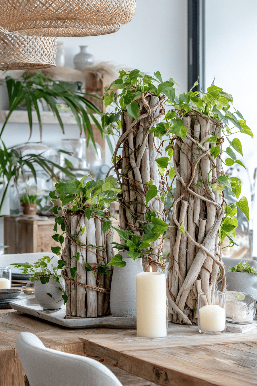 Dekorative Efeuranken auf Holzelementen mit weißen Kerzen auf einem Tisch.