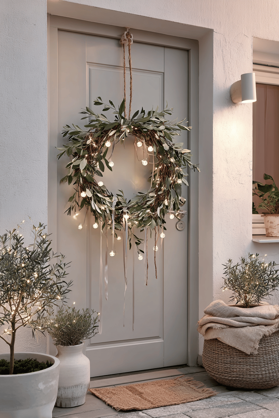 Ein stilvoller Eingang mit einem weihnachtlich dekorierten Kranz und sanfter Beleuchtung.