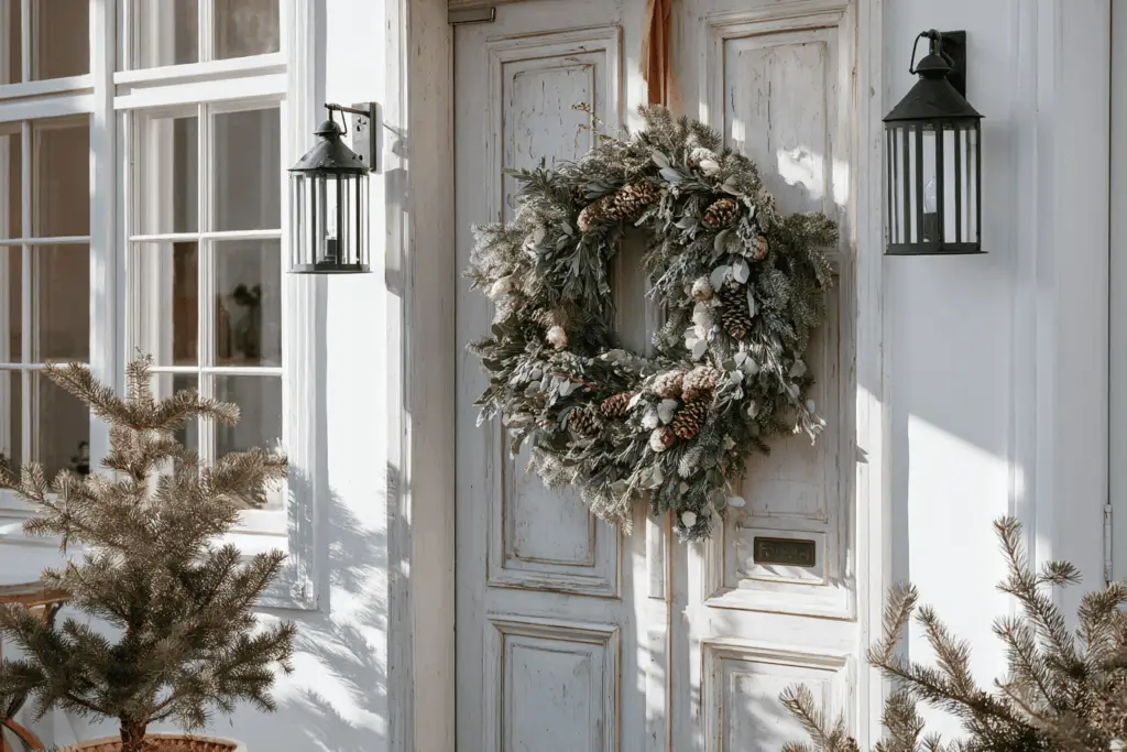 Weihnachtskranz an Holztür mit Laternen