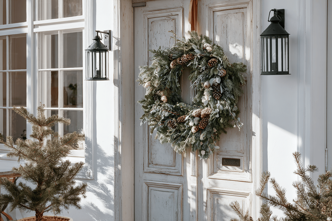 Weihnachtskranz an Holztür mit Laternen