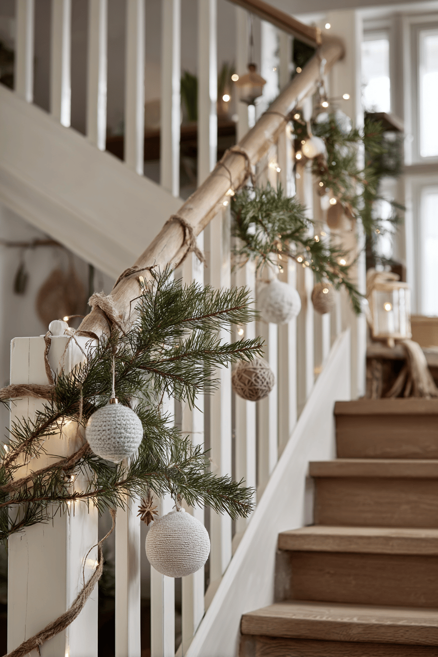 Treppengeländer mit Tannenzweigen und Weihnachtskugeln dekoriert.