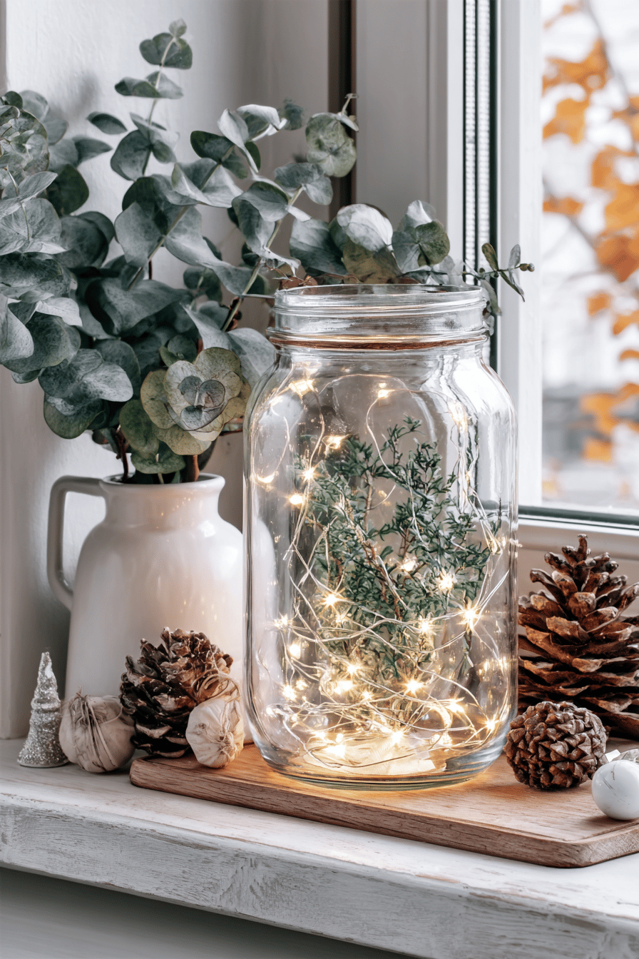 Einmachglas mit Lichterketten und Zweigen dekoriert, umgeben von Tannenzapfen und Eukalyptus.