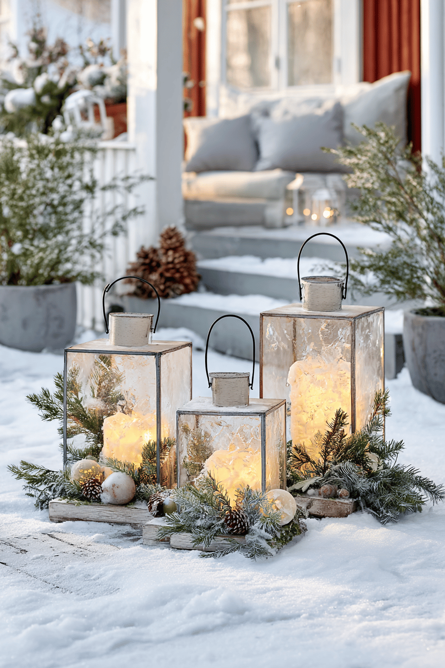 Drei beleuchtete Eis-Laternen im Schnee, umgeben von Tannenzweigen und Zapfen.