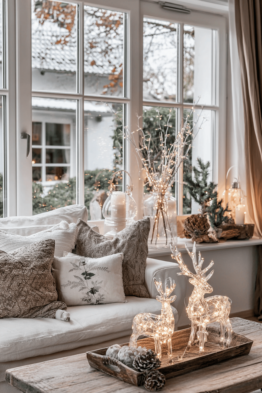 Ein gemütlich dekoriertes Fenster mit LED-Figuren und winterlichen Akzenten.