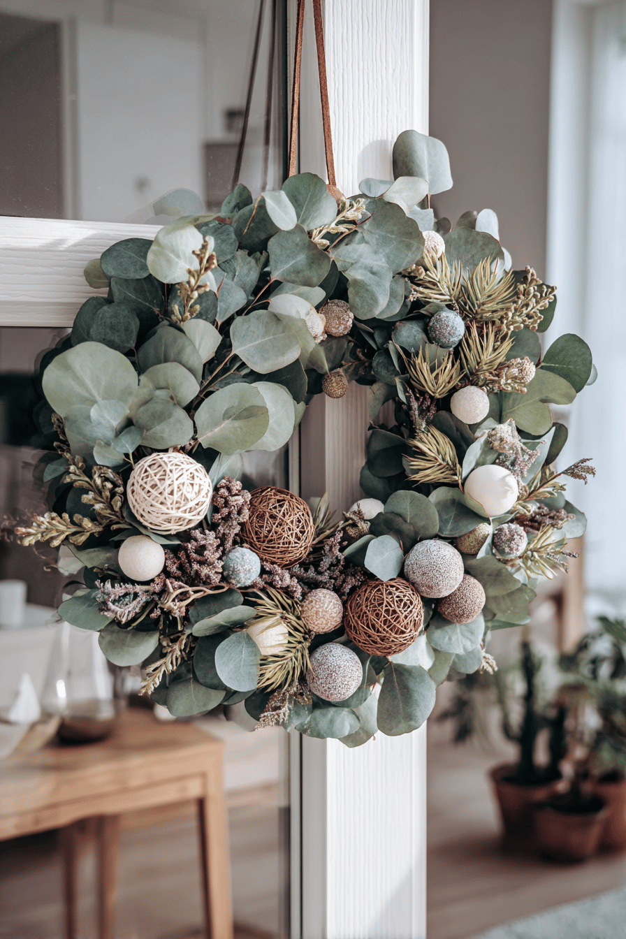 Adventskranz aus Eukalyptus mit dekorativen Kugeln und Naturmaterialien.