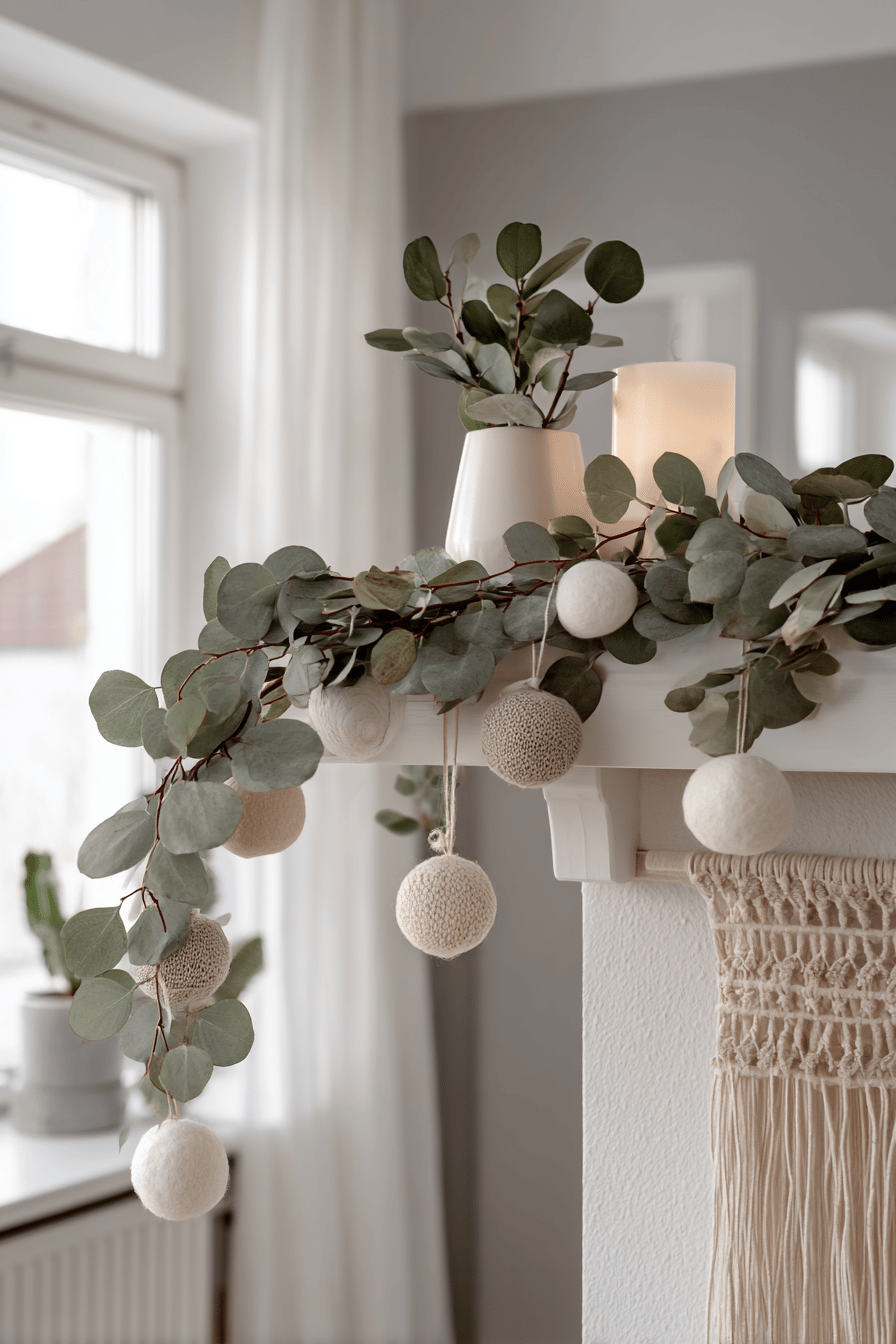 Eukalyptus-Girlande mit dezenten Weihnachtskugeln und Kerzen auf einem Kaminsims.