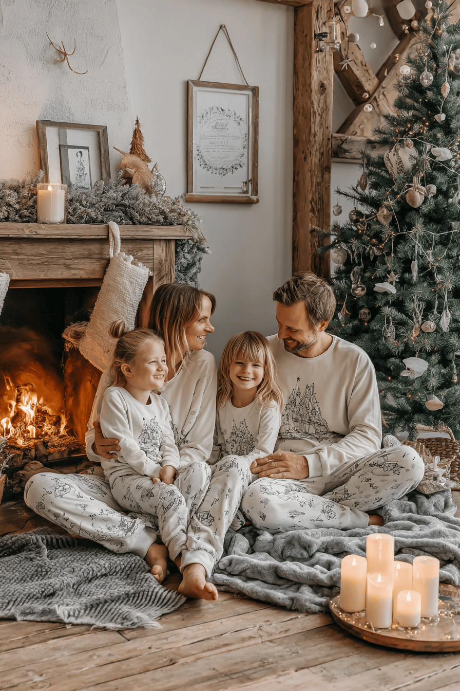 Familie sitzt in passenden Pyjamas vor einem Feuerplatz und einem Weihnachtsbaum.